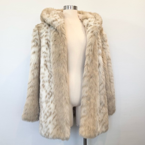 Vintage Snow Leopard Arctic Lynx Faux Fur Winter White Cream Hood Teddy Coat XL - Picture 4 of 11